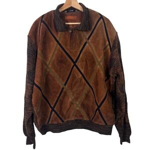SAXONY Sweater Mens XL‎ Vintage Brown Leather Suede Knit Polo 90s Hiphop Y2k